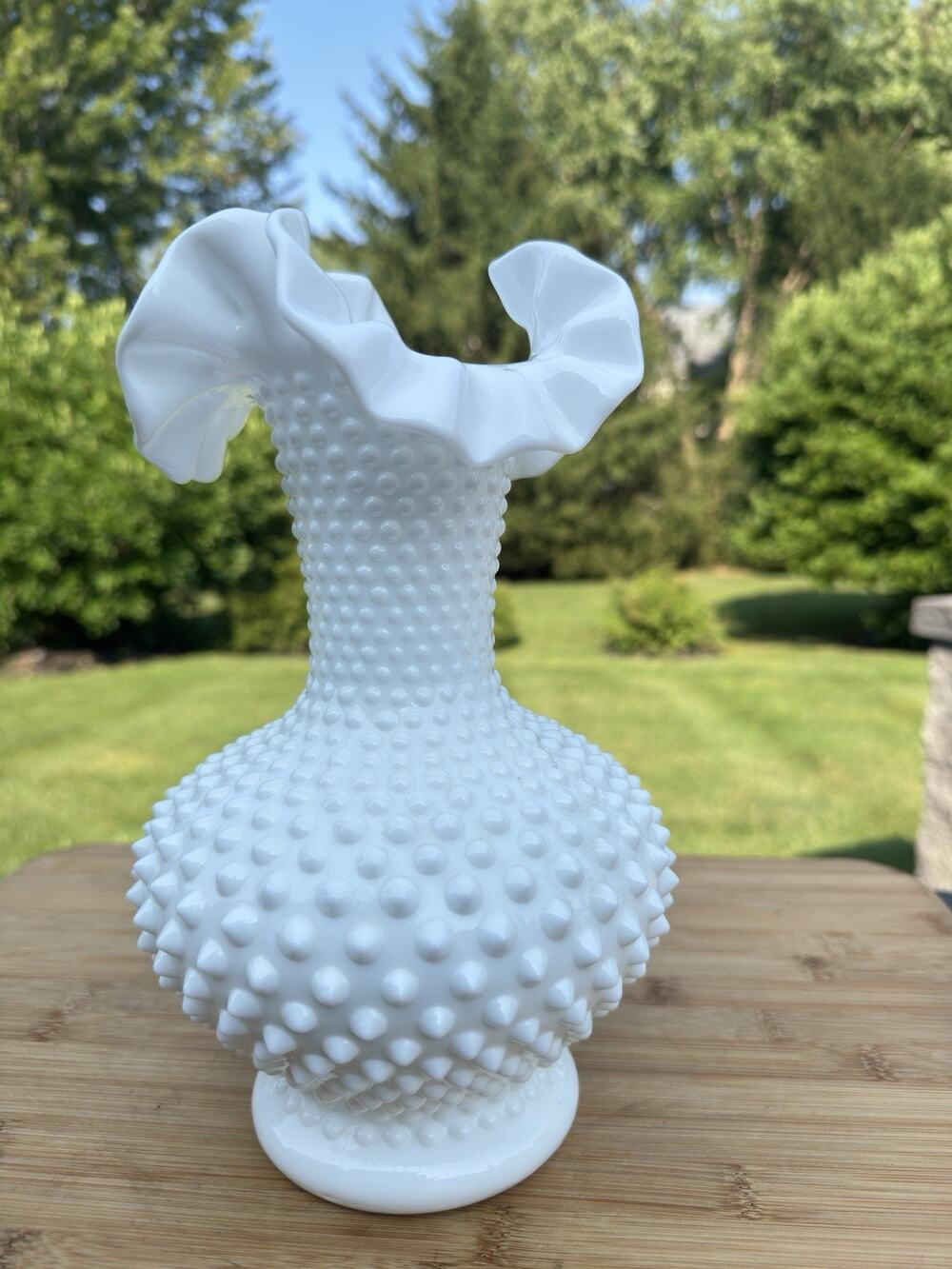 VTG Fenton White Hobnail Large Milk Glass Vase With Ruffled Edge 10.5” Tall